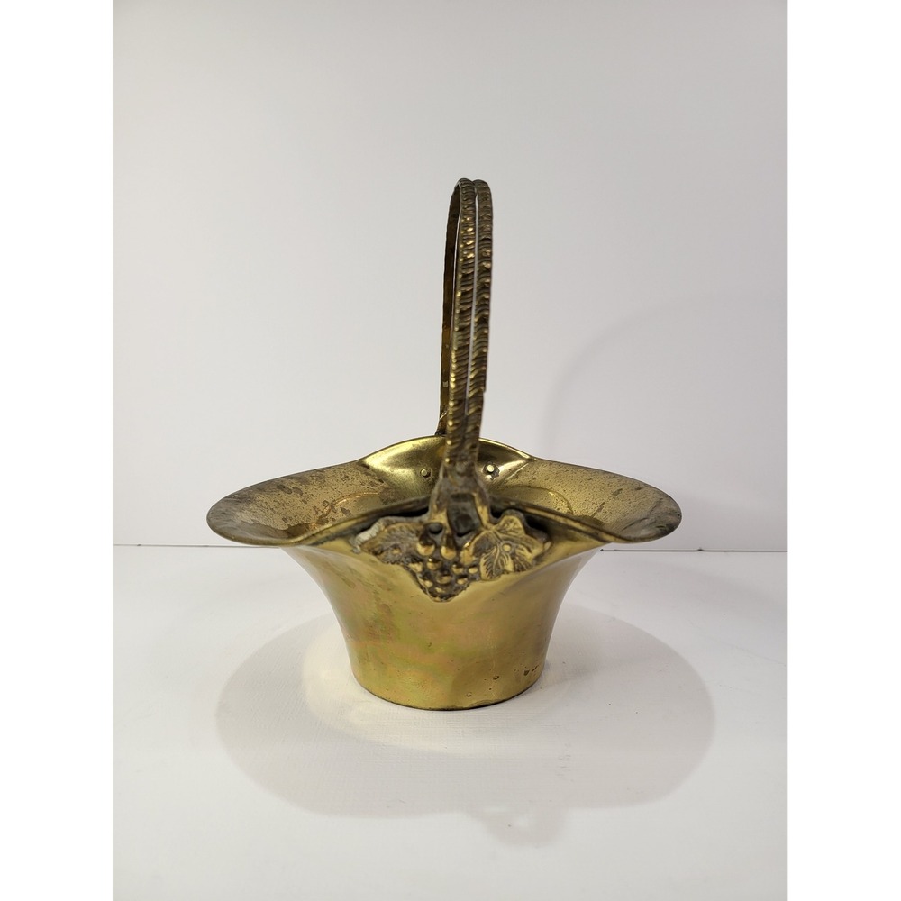 Vintage Brass Basket Grape Leaf Motif Scalloped Edge Decorative Handle India
